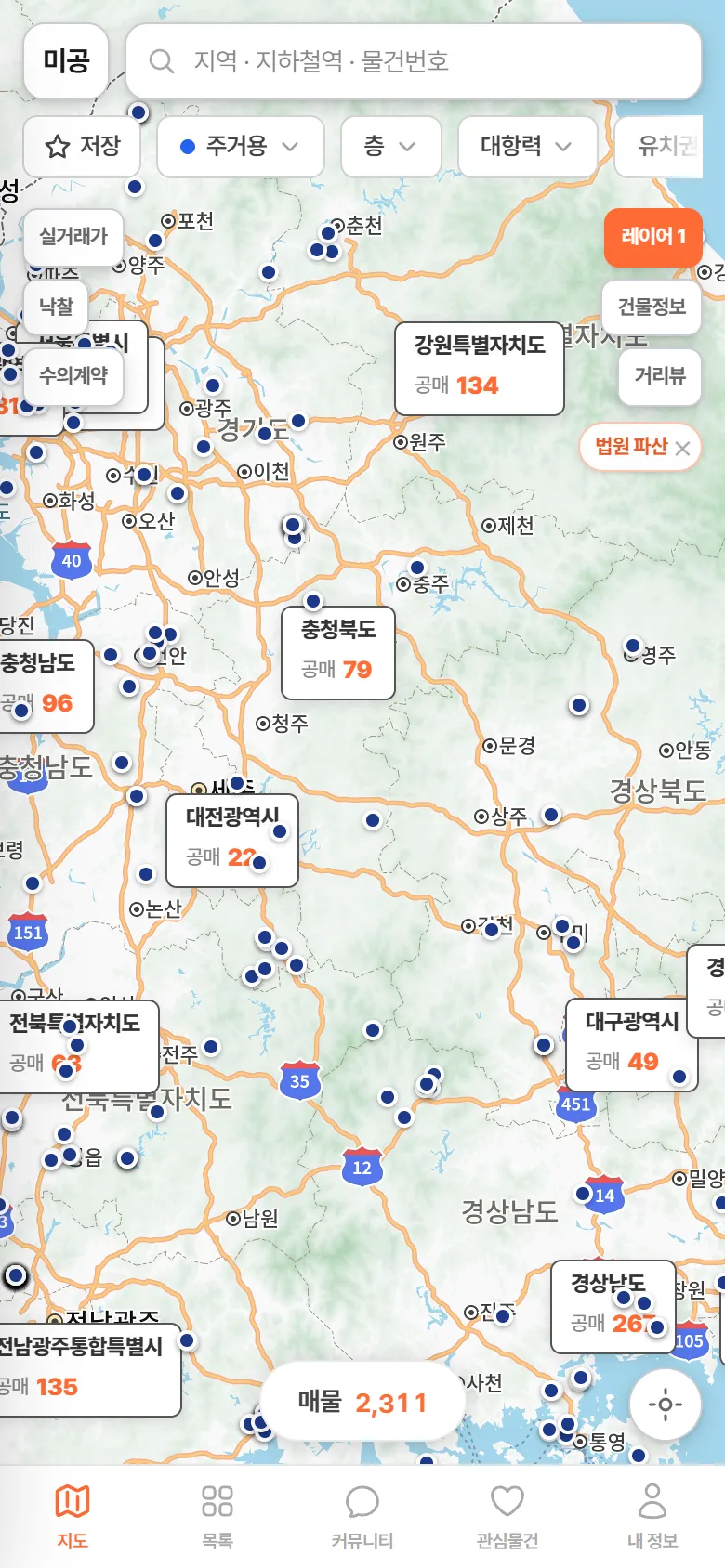 전국 지도에 '법원 파산' 레이어가 켜져 시도별 묶음 숫자가 보인다