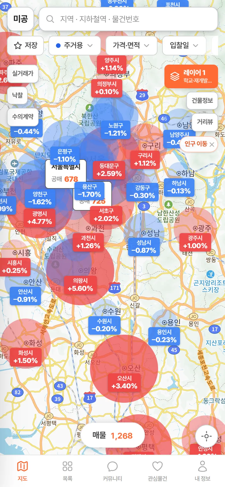 지도 인구 이동 레이어 — 수도권 시군구별 증감 원